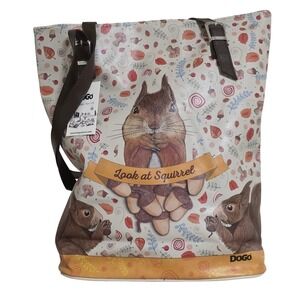 DOGO Look at Squirrel Tote Bag Womens Large Cream Brown Vegan Leather Whimsical